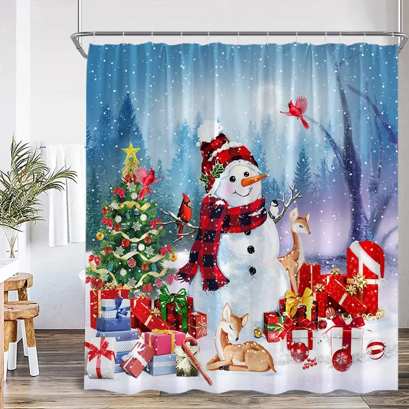 Snowman น่ารักผ้าม่านอาบน้ําคริสต์มาส Xmas Tree ของขวัญฤดูหนาวป่า Red Bird Cedar Snowflake ทิวทัศน์บ้านผ้าม่านห้องน้ํา D % 4¥ p
