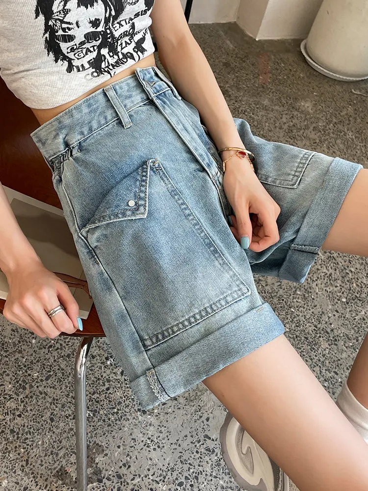 Light Blue High Waist Cuffed Denim Shorts Women's Summer Thin Design Loose Wide Leg Mid-Length Pants Cotton Polyester Blend
