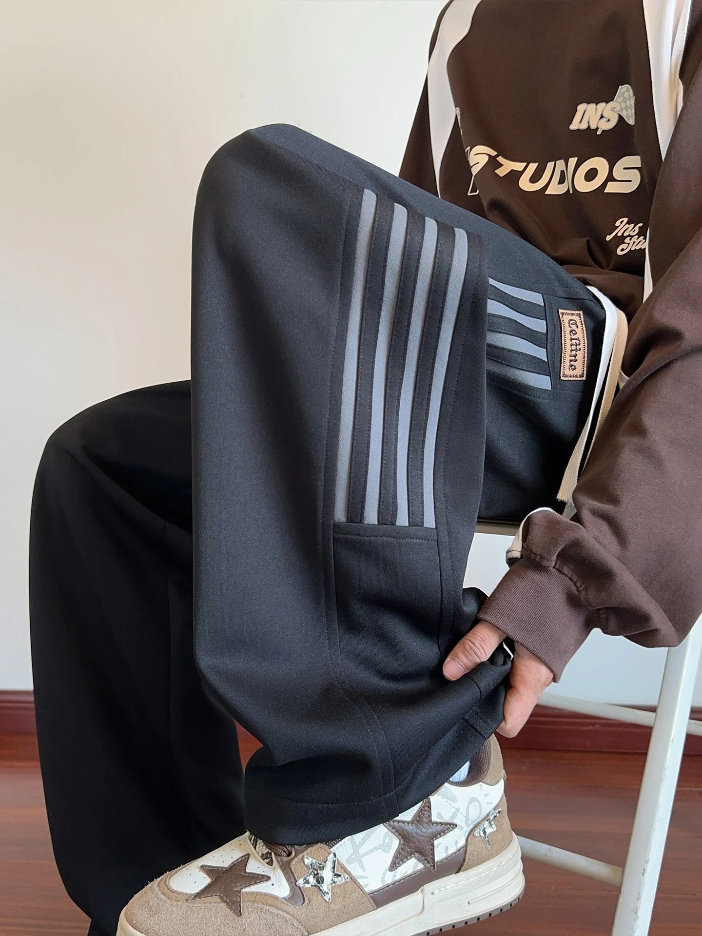 

Мужские спортивные штаны Heavy Du Drapey в американскую полоску, свободные прямые широкие длинные брюки, осенняя повседневная спортивная одежда