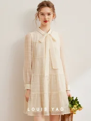 LOUIS YAO 2025 Spring Autumn Tie up Stand up Collar Cake Skirt Sweet A-line Nail Bead Decorative Long Sleeve Women's Dress