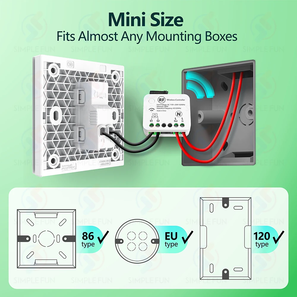 Miniaturowy przełącznik światła z pilotem RF433MHZ, nie wymaga przewodu neutralnego, AC 110V~250V, przekaźnik do pojedynczego przewodu podnapięciowego, bezprzewodowy przełącznik panelowy 86. — zdjęcie produktu 4