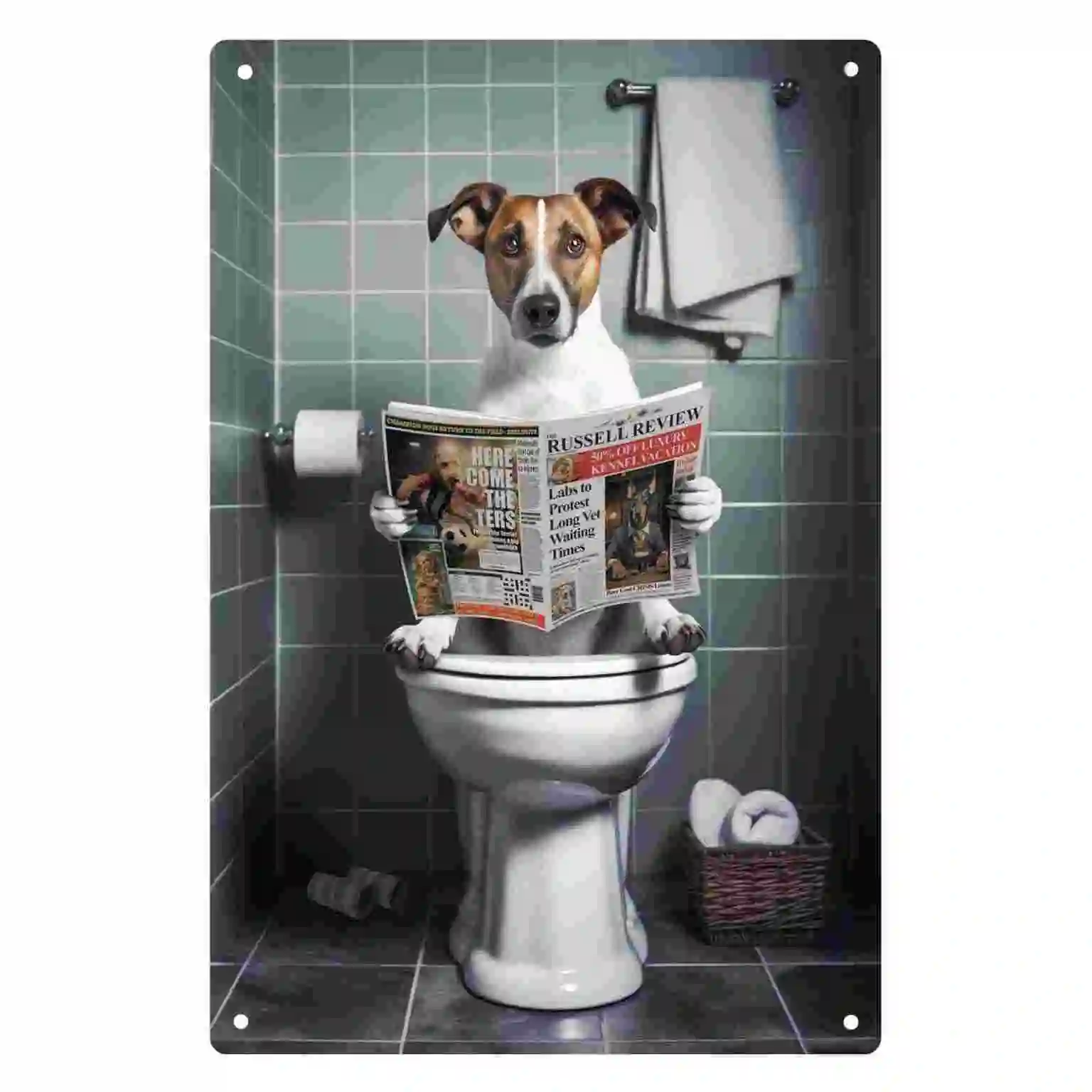 2D FLAT 1pc Funny Dog Reading Newspaper on Toilet Bathroom Wall Art Decoration for Home Bathroom Toilet And Cafe