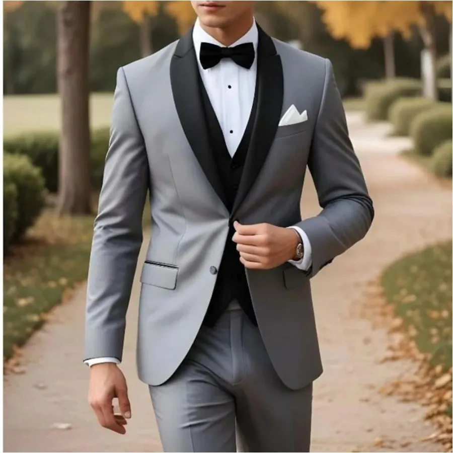 

Grey Men Suits 3 Pc Black Shawl Lapel Groom Tuxedos Wedding/Prom/Dinner Best Man Blazer Custom Made Grey Jacket Pants Black Vest
