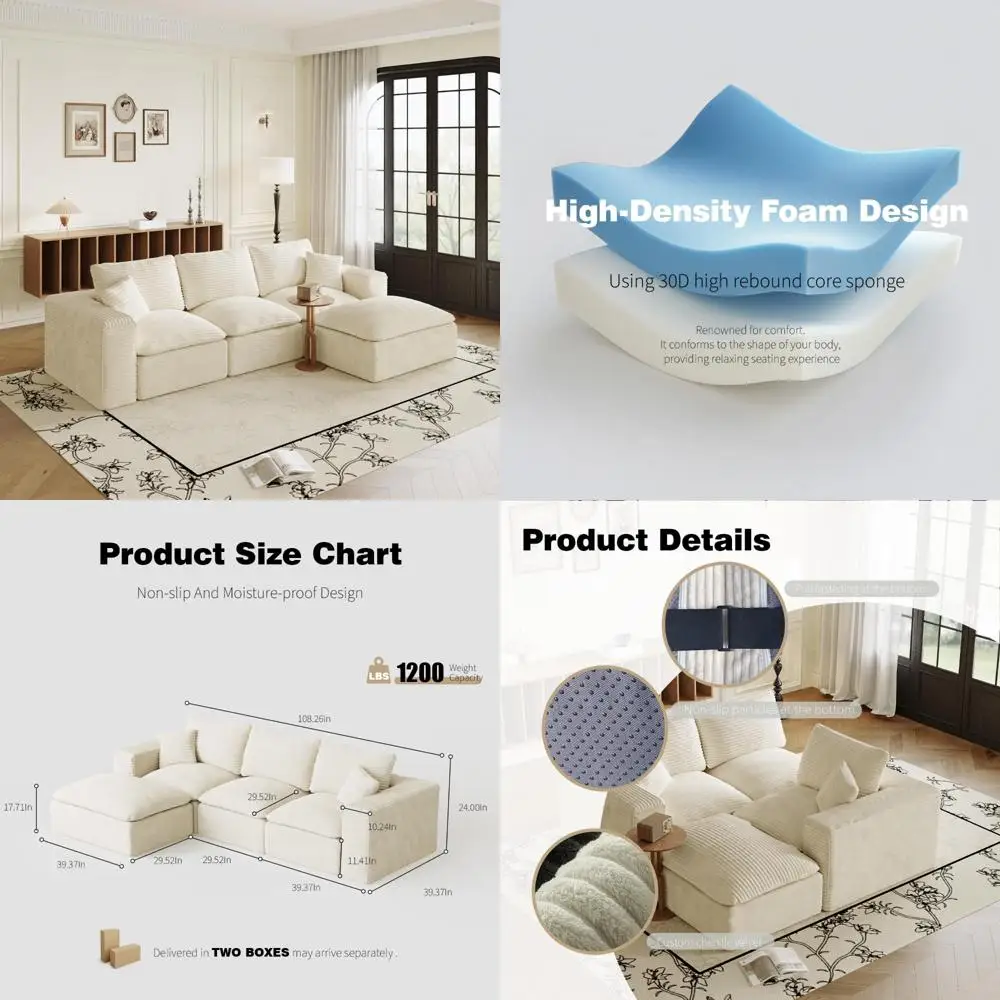 Пушистый вельветовый L-образный секционный диван Cloud, 4-местный диван с глубоким сиденьем, удобный модульный пуфик 108,26 в комплекте