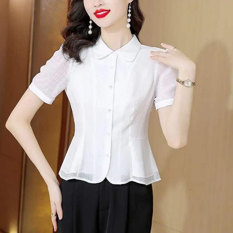 Women\'s Korean Fashion Elegant Button Up Shirt Office Lady Lapel Short Sleeve Commute Blouse Casual White Blue Slim Chiffon Tops