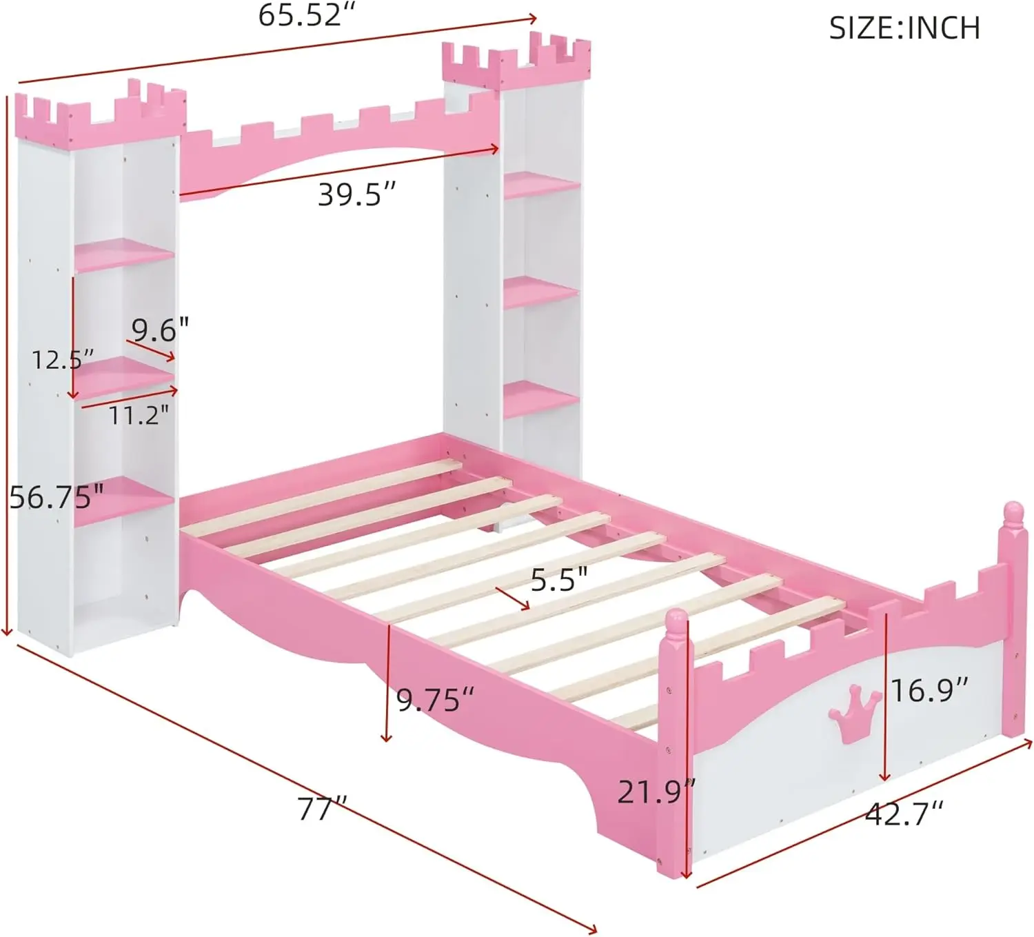 Softsea Twin Size Platform Bed With Storage Shelves, Castle Shaped Bed For Kids, Twin Size Princess Bed For Girls, Kids Twin