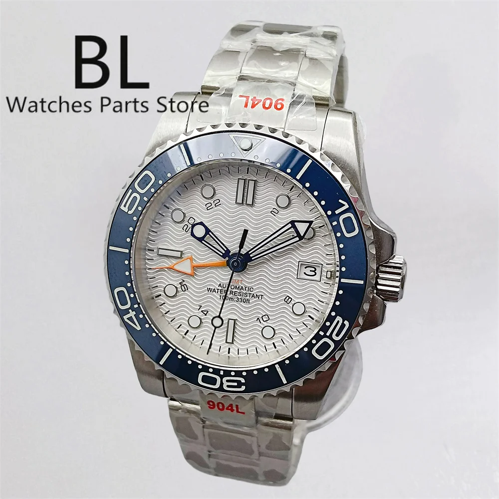 BLIGER 40mm Nh34A Watch For Men 24 Hours Ceramic Bezel Green Luminous Black Blue White Dial Orange GMT AR Coating Sapphire Glass