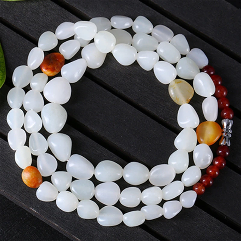 

Hotan Stone Necklace Men and Women, Freeform White Jade Bead Chain