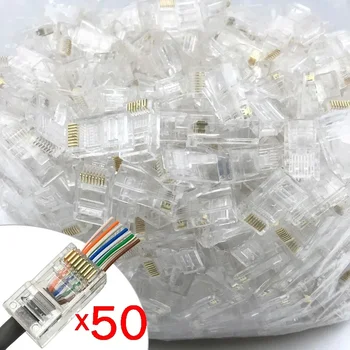 CAT6 1000Mbps RJ45 Pass Through Network Connectors Ethernet Cable Gold-plated Crimp End Stranded UTP Unshielded Modular Plug