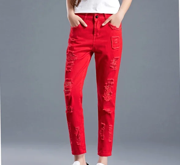 Donna primavera Estate Femminile A Vita Alta Rosso Balck Bianco Strappato Hole Nappa Dei Jeans Pantaloni stile harem Delle Donne, Delle Donne pantaloni di Lunghezza Della Caviglia Del Denim Dei Pantaloni