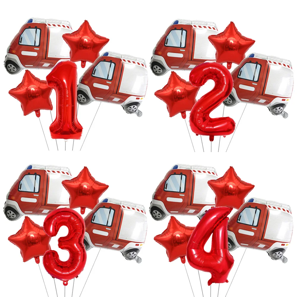 5pcs Fire Protection Theme Fire Truck Number Balloon Set Firefighter Kids Birthday Party Decoration Supplies Kids Favor Gifts