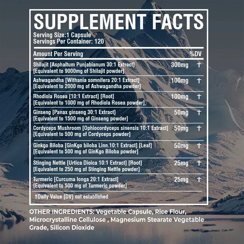 Shilajit, Ashwagandha, Rhodiola Rosea, Panax Ginseng - Fonction cognitive, Digestion, Cerveau, Immunité, Santé des articulations, Antioxydant