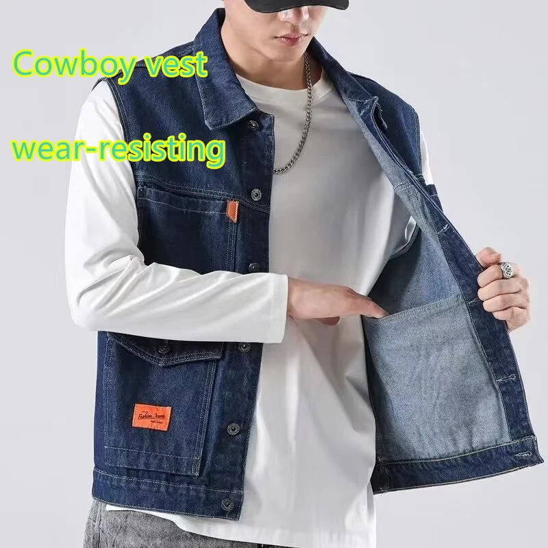 American Retro Denim Vest Men'S Spring Autumn Multi Pocket Outdoor High-End Workwear Wear-Resistant Camisole Fishing Jacket