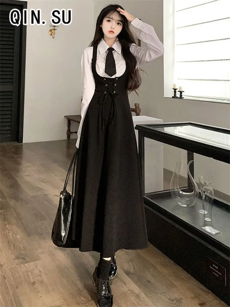 Sweet College Style Waist Cinched Mid Length Suspender Dress Women\'s Versatile Long Sleeved Shirt Two-piece Set