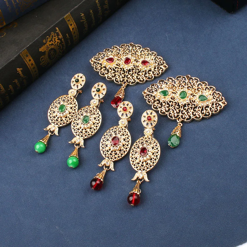 Moroccan Wedding Jewelry Set Robe Needle Bridal Gift Colored Crystal Brooch Pendant Women Earrings Moon Shape