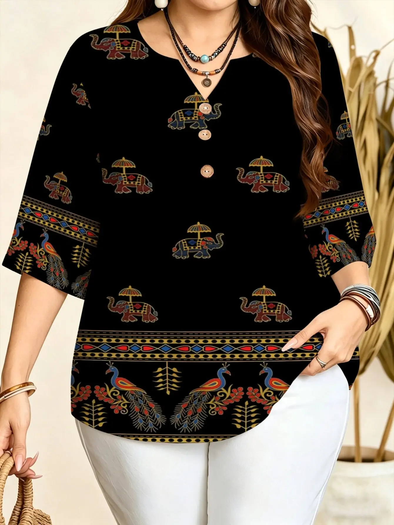 Boho Ethnic Pattern Print Women Blouse 3/4 Sleeve Notch V Neck Three Front Buttons Summer Loose Tops