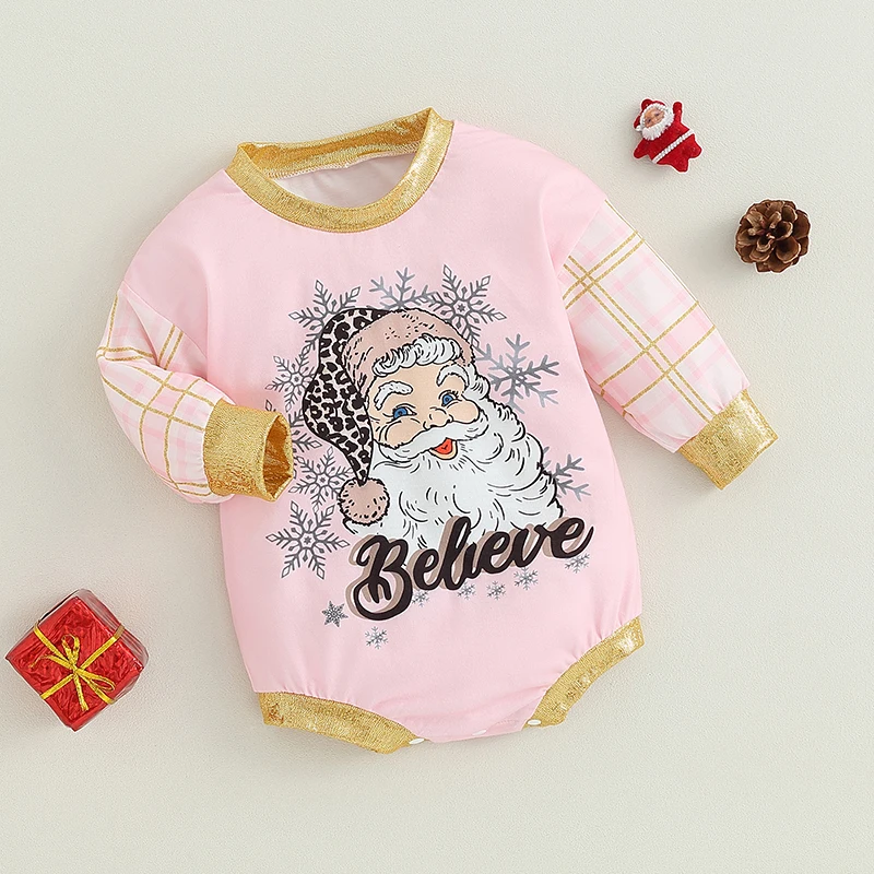 

Infant Christmas Jumpsuit Tartan Patterned with Long Sleeves and Santa Claus Print for Baby Girls Festive Outfit