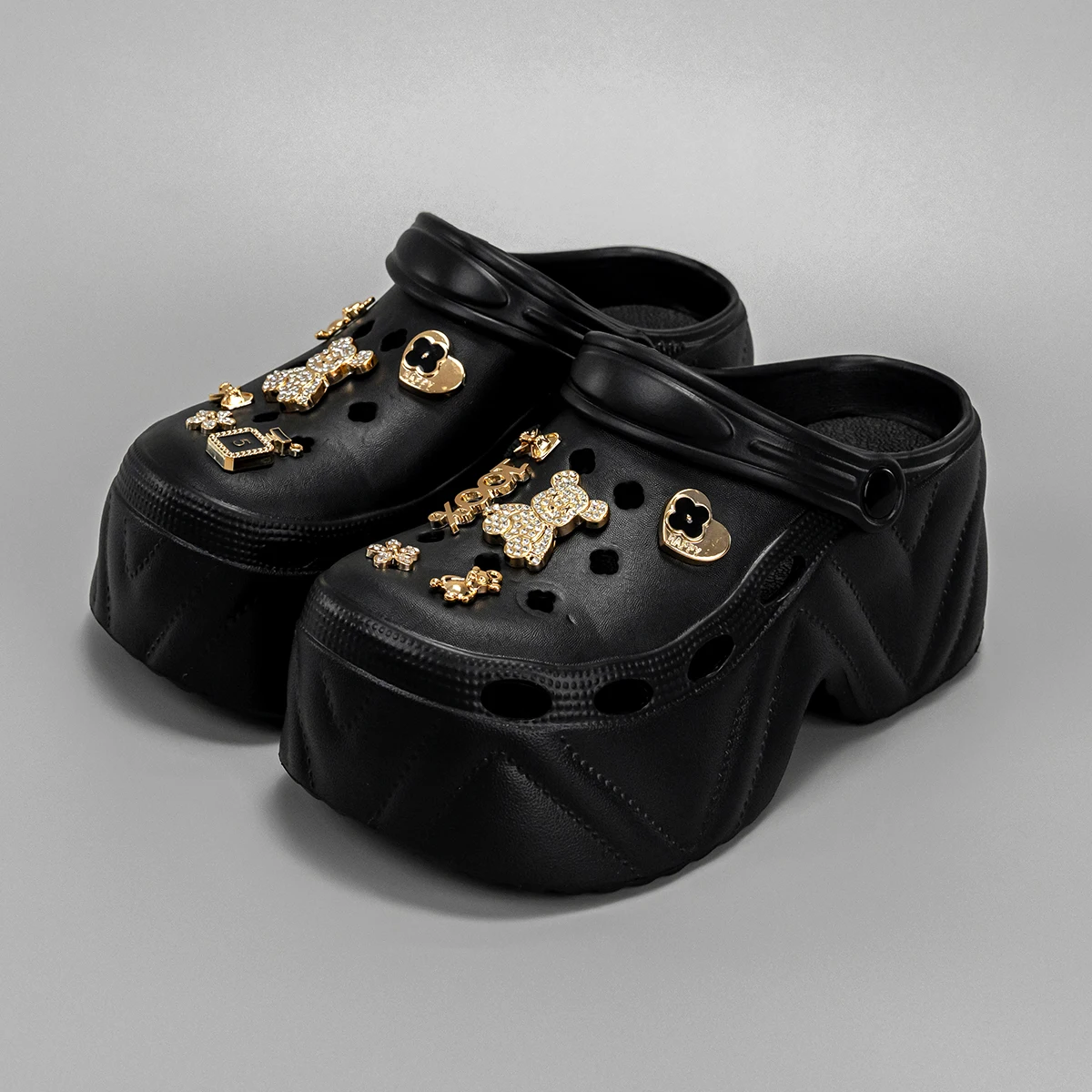 New Fashionable Gold Diamond Bear High Heel Imitation Leather Pattern Clogs X8809 image 3