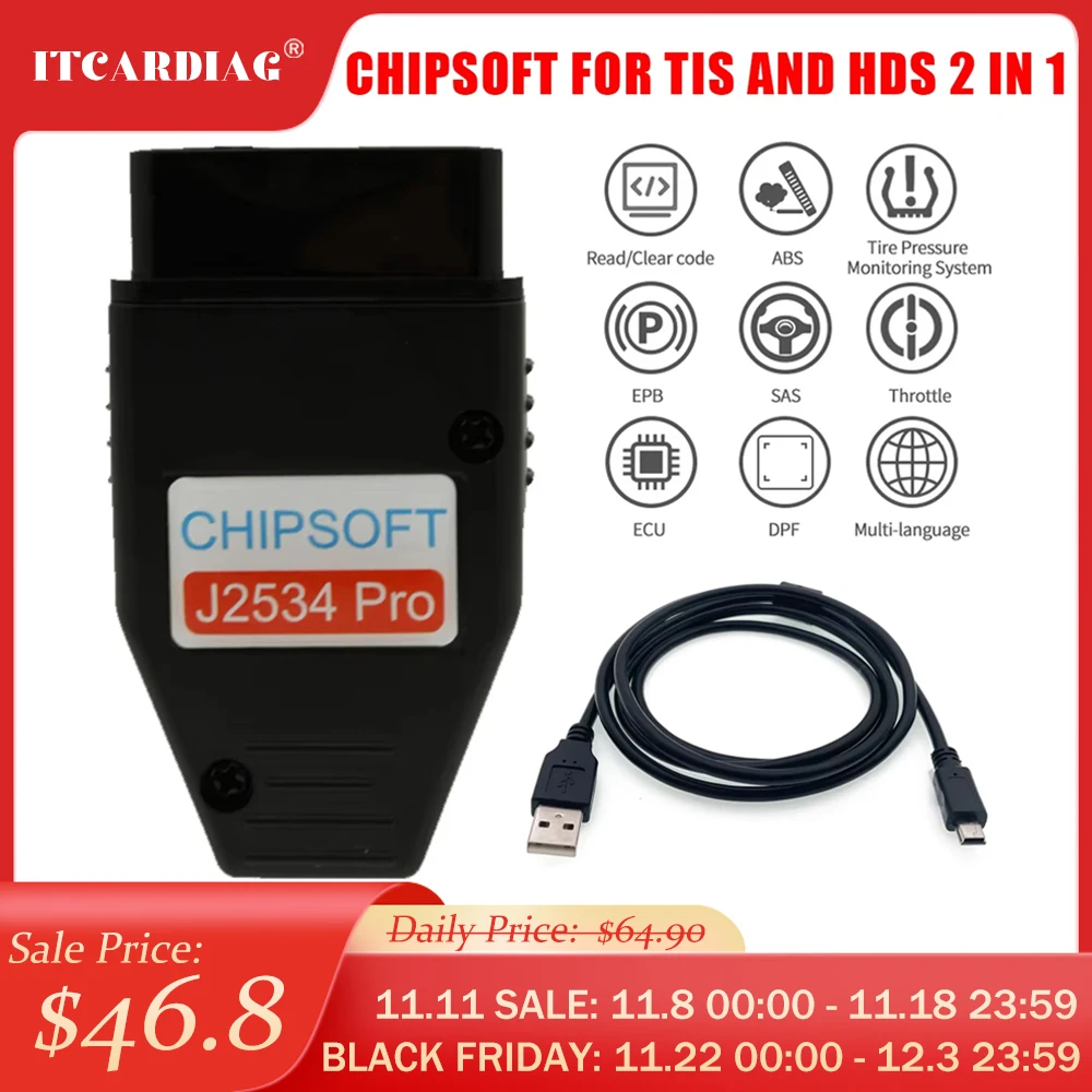 Chipsoft J2534 Pro VCI Diagnostic Tool For Toyota TIS Techstream 18.00.008 and For Honda HDS 3.102.051 2 in 1 Cable OBD Scanner