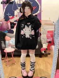 Harajuku Cartoon Print  Hoodies Women Y2k Aesthetic Kawaii Loose Black Drawstring Coats Grunge Pocket Streetwear Sweatshirts