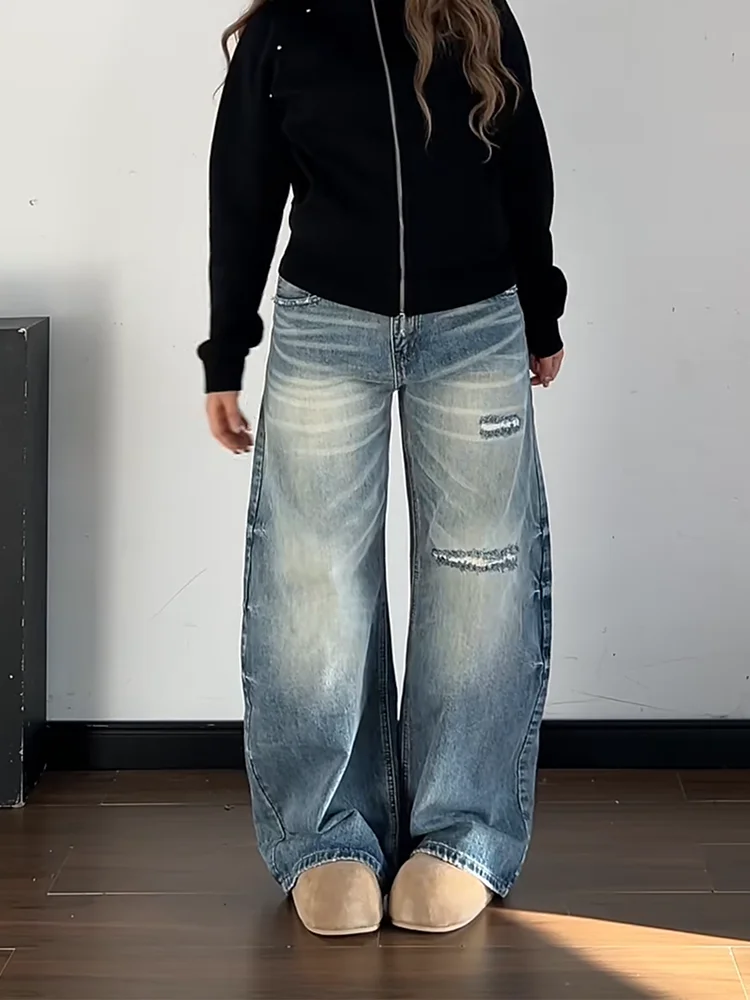 

Large Size American Retro Washed Faux Hole Denim Jeans Women's Straight Leg Wide Leg Pants High Waist Jeans Casual Wear
