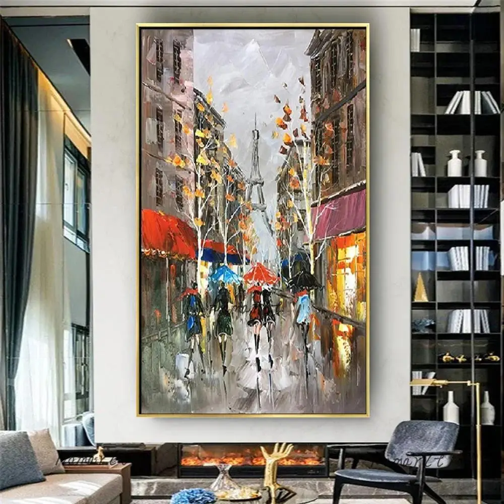 لوحة زيتية على قماش لديكور المنزل ، فن جداري ، مشهد شارع بوب ، مشي الناس ، غرفة المعيشة ، سرير ، مرسومة باليد