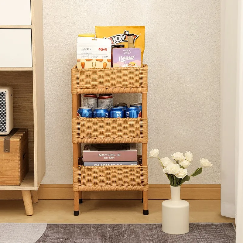 Rattan Storage Rack Floor Standing 3-Tier Fixed Basket Shelf Handwoven Modern Minimalist Organizer for Living Room