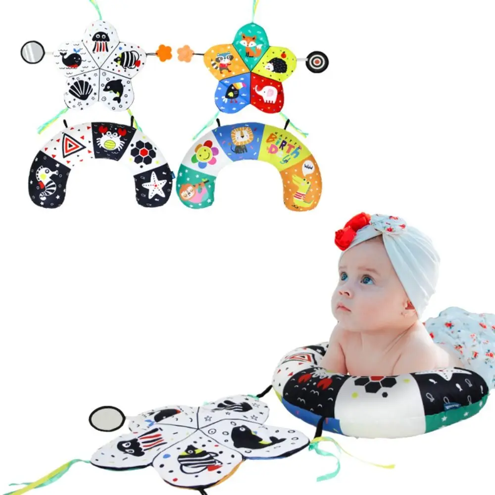 Travesseiro para barriga de bebê em forma de U com mordedores de espelho com tapete enrugado para barriga, preto e branco de alto contraste