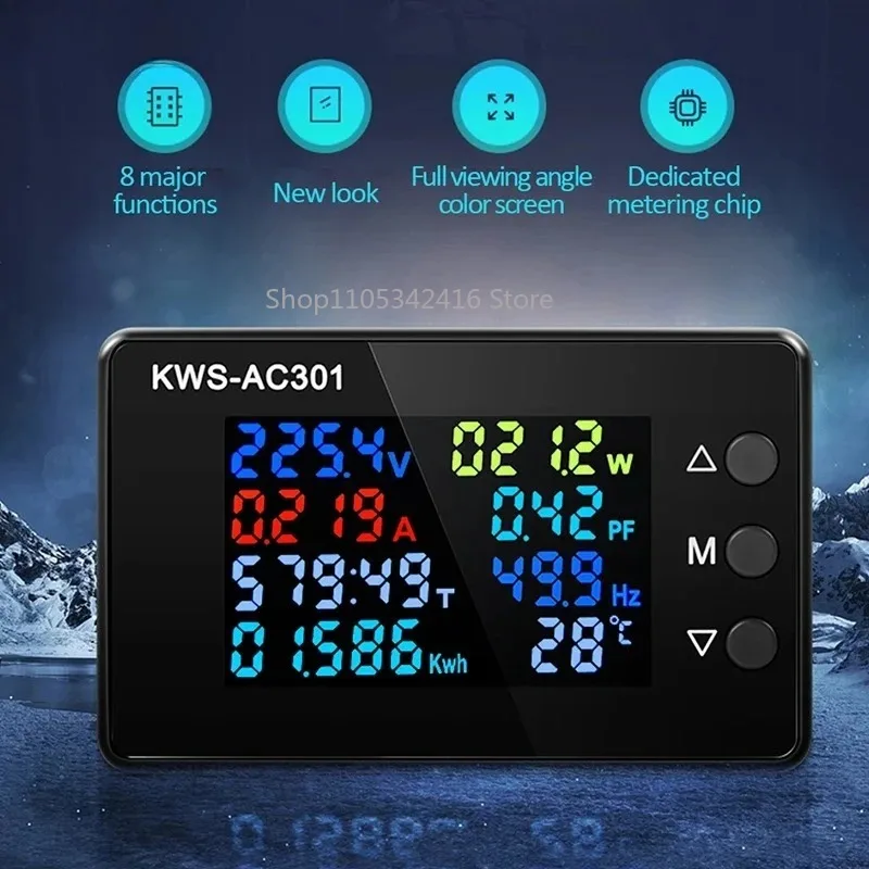 AC301 Digital Multimeter, 8-in-1 LED Voltage Current Power Energy Meter, AC 50-300V High Precision Wattmeter