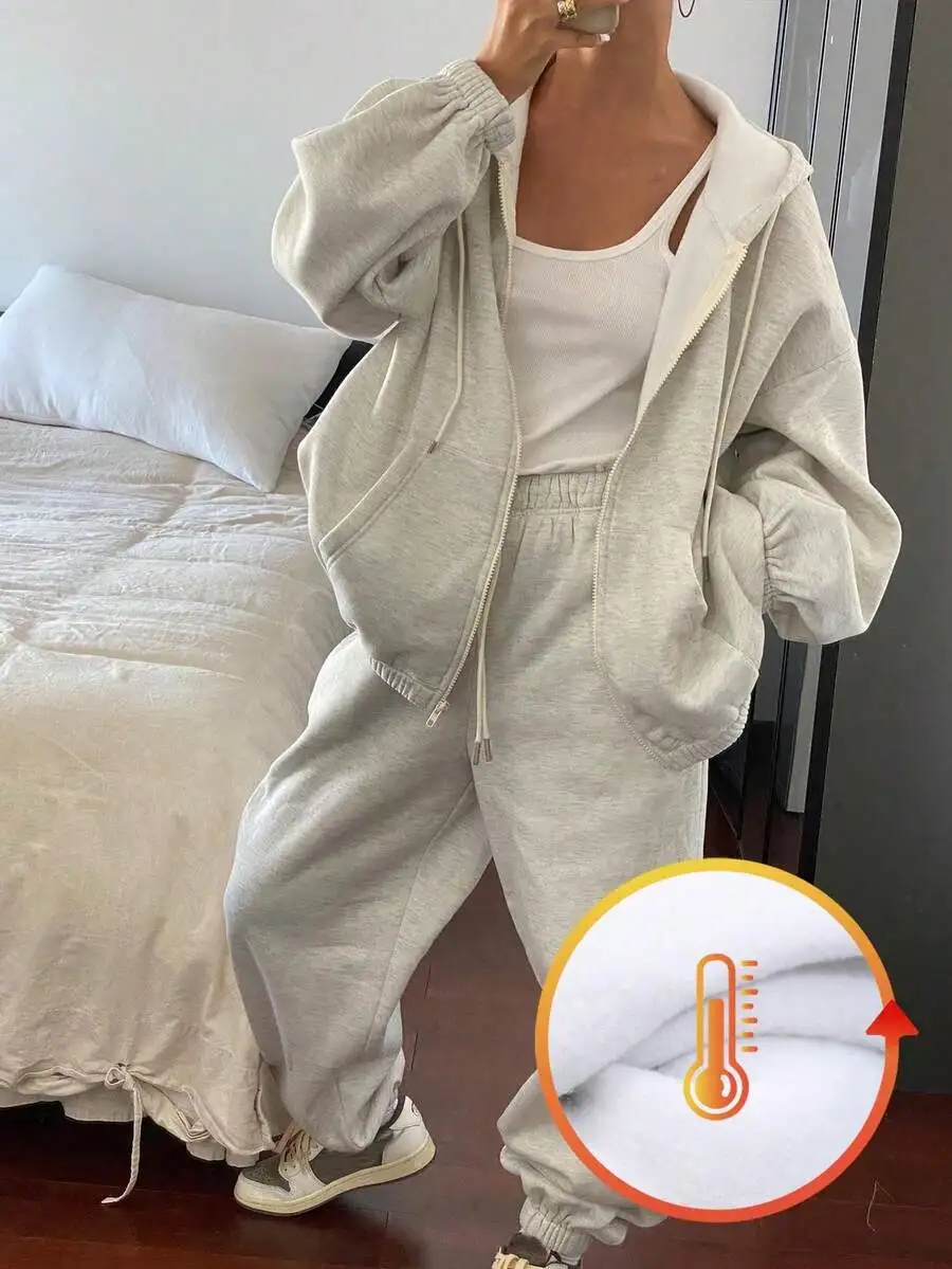 

Women Loose Solid Color Drop Shoulder Long Sleeve Hoodie And Sweatpants Thermal Lined Tracksuit Set Autumn Winter
