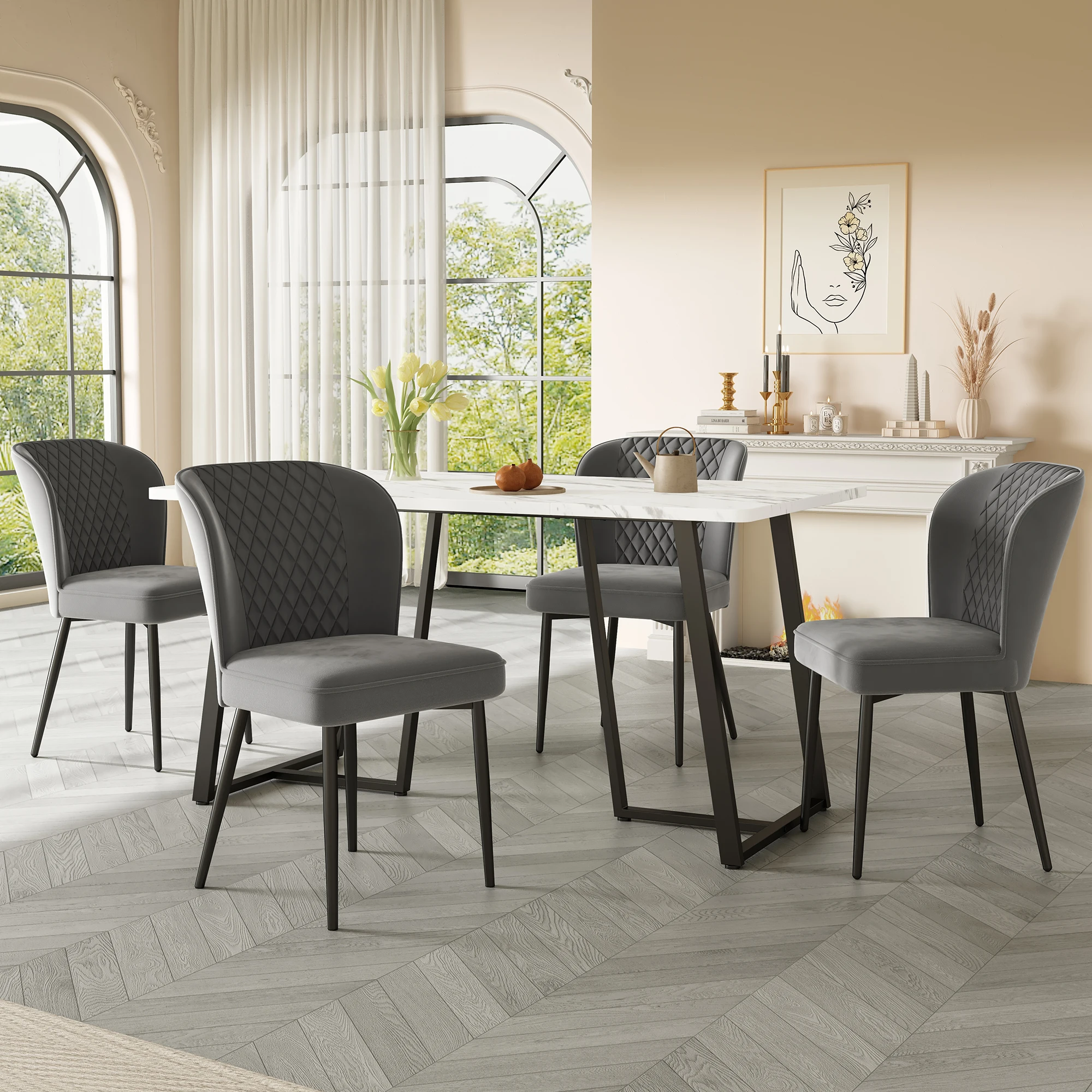 VSOGA dining group 140x80cm: Modern dining table with 4 dark gray velvet chairs, white MDF board