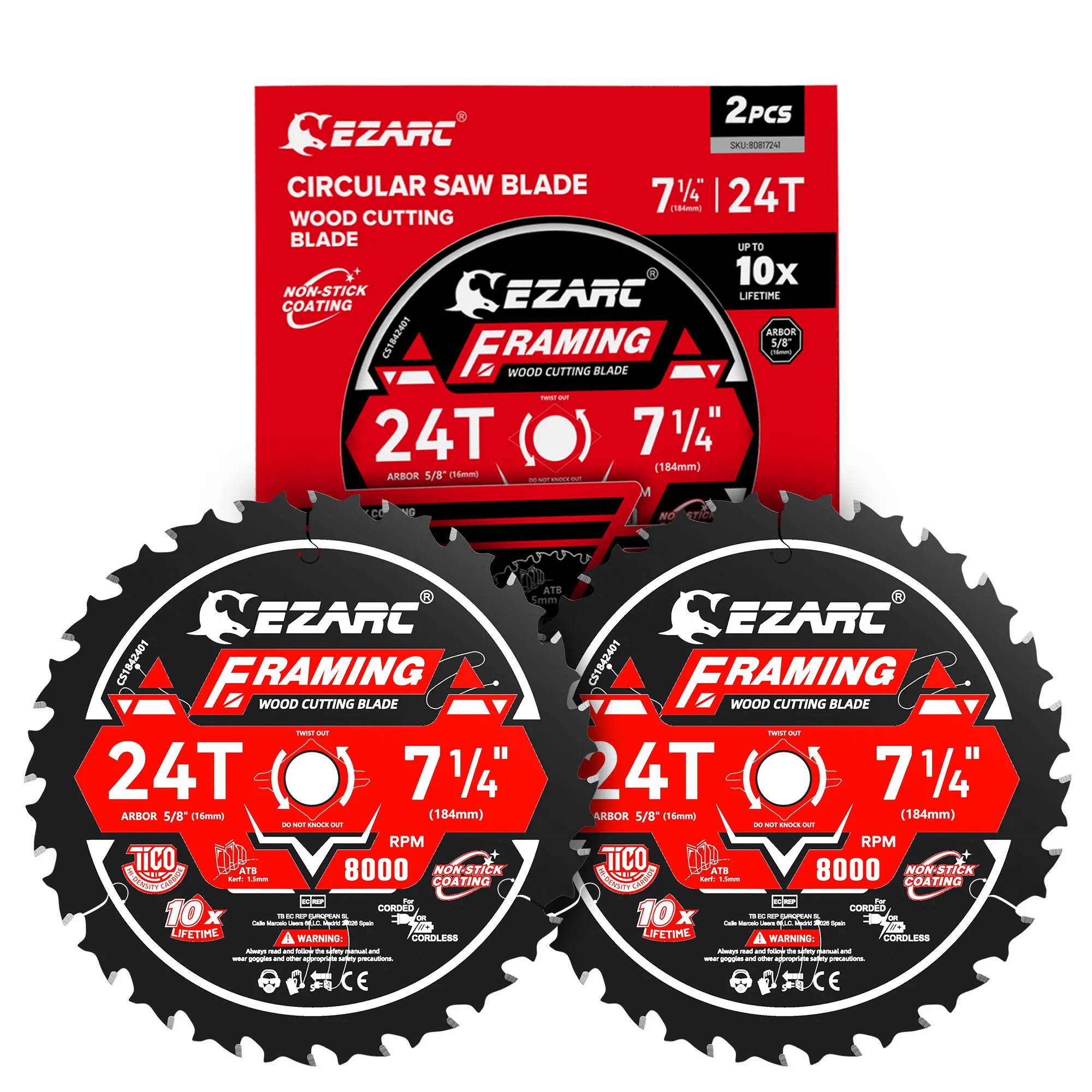 EZARC FRAMING Blade for Wood and Nail-Embedded Wood Cutting, Ultra-Thin 1.5mm Kerf, Non-Stick Coating, 7-1/4 Inch 24T Saw Blades