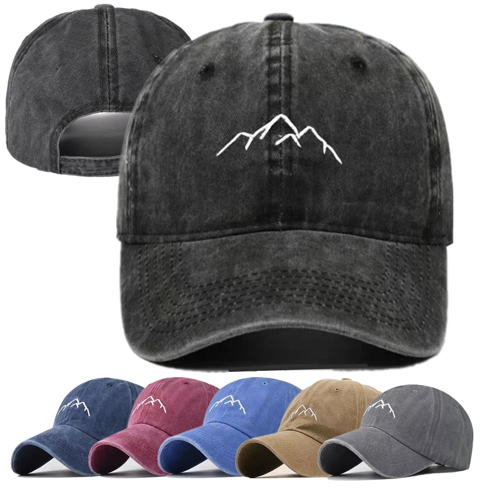 Unisex Washed Cotton Cap Mountain Embroidery Vintage Baseball Cap Men Women Adjustable Casual Outdoor Streetwear Sports Hat