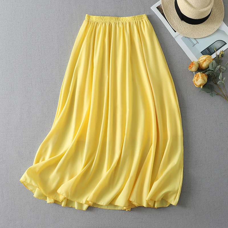 Elegant Simple Artistic Midi Skirt Elastic Waist Wide Hem Long Yellow Goose Pure Color Skirt Button Casual Irregular Skirt