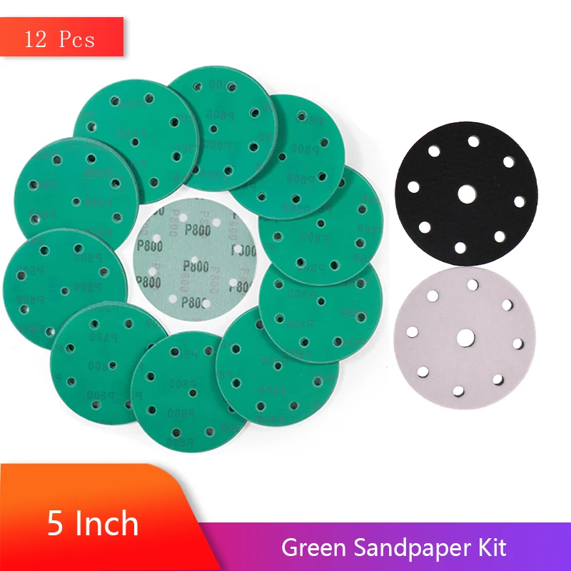 5 Inch 9 Holes Green Hook & Loop Sanding Paper 12 Pcs Assorted 120-600 Grits for Woodworking Automobile Decoration