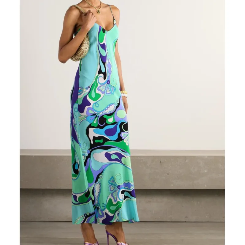

Bohemian Fashion Printed Women's Dress Summer Sexy Beach Vacation V-neck Strap Dresses Ladies Elegant Slit Hem A-line Vestidos