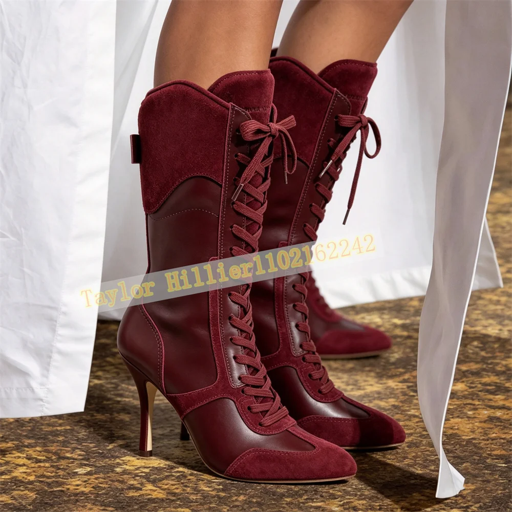 Women White Lace Up Ankle Boots High Heel Pointed Toe Stiletto Boots Color Block Patchwork Fashion Dress Shoes Elegant Footwear