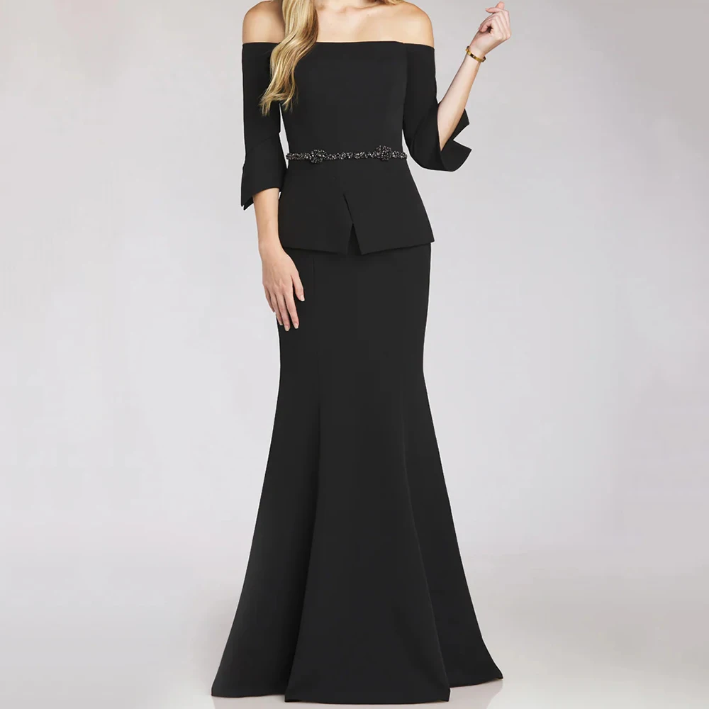 

Customized Mermaid Evening Dresses Floor-length Off The Shoulder Three Quarter Sleeve Prom Gown Fashion Sequined Party Gown