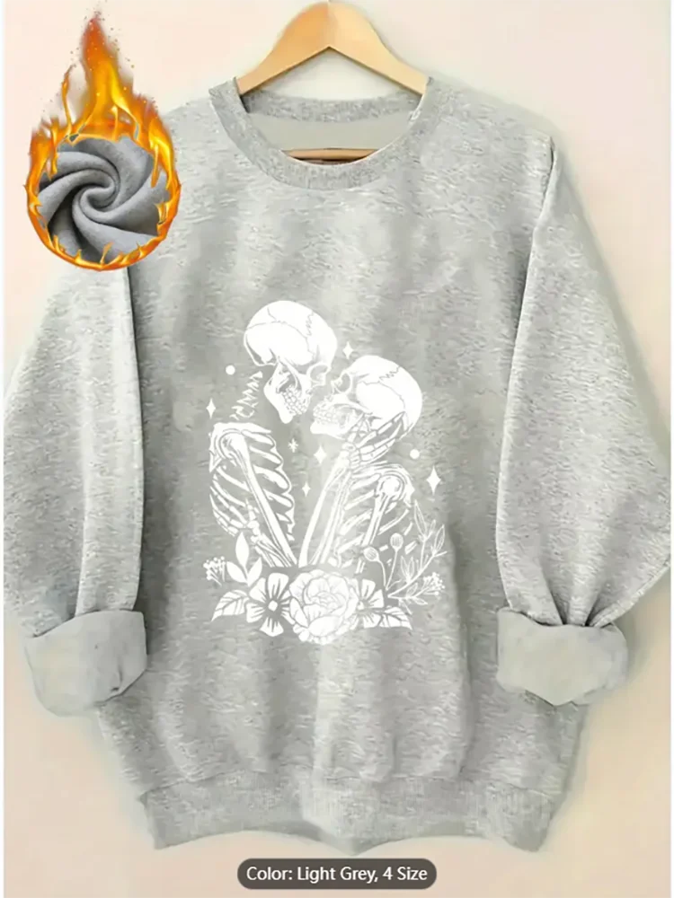 Womens Sweatshirt Skeleton Couple Floral Graphic Print Fleece Lined Casual Oversized Pullover Top for Edgy Style Lovers Cotton