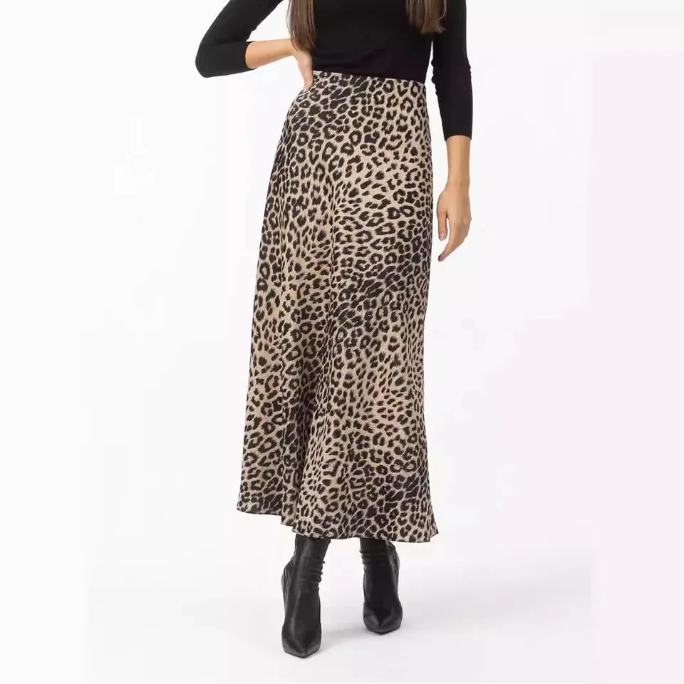 2026 Ladies Spring and Summer New Fashion Temperament Sexy Leopard Print High Waist Elastic Silky Mid-length Skirt for Women