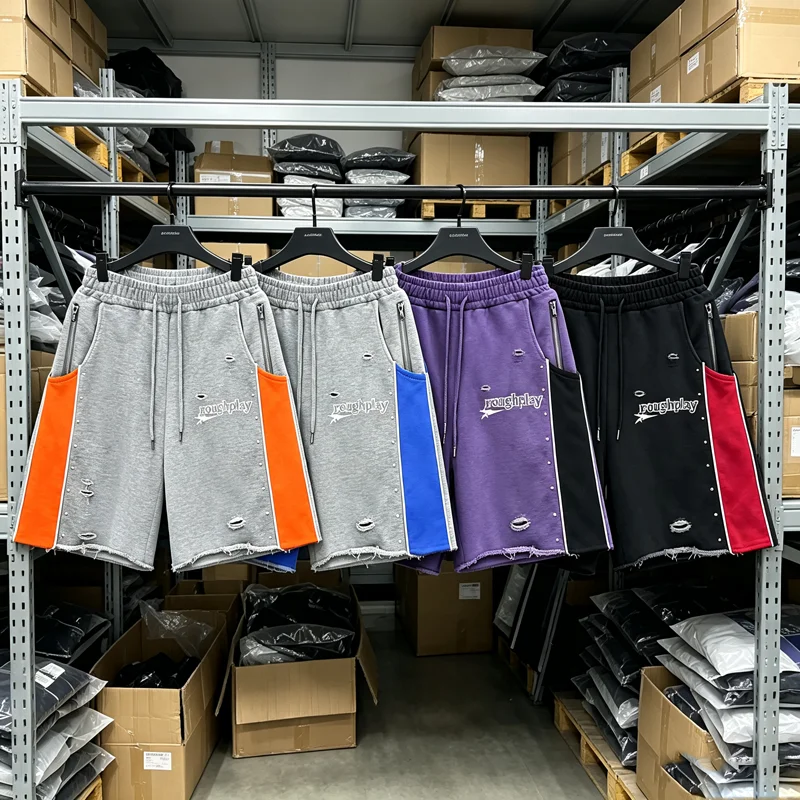 5 Pockets Roughplay Embroidery Rhinestone Shorts Men Women Splic Color Loose Drawstring Shortpants Burr Hole Damaged Short Pants
