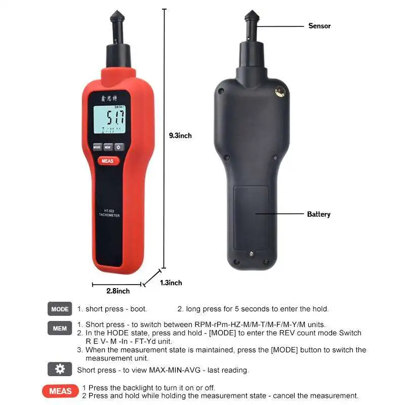 HT-522 Digital Contact Tachometer Rotate Speed Linear Velocity Motor Frequency Meter 1~99999RPM LCD Speedometer