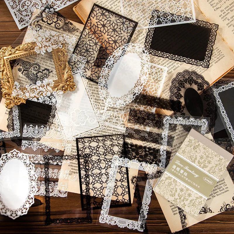30pcs Lace Fantasy Series Decorative PET Sticker Vintage Border Handbook Scrapbooking Material Label Diary Cup Journal Planner
