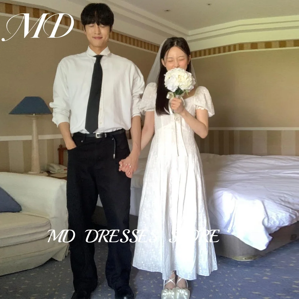 MD Simple Satin A-line Wedding Dresses Square Collar Short Puff Sleeves Korea Photoshoot Ankle-Length Customized Bride Gown 2025