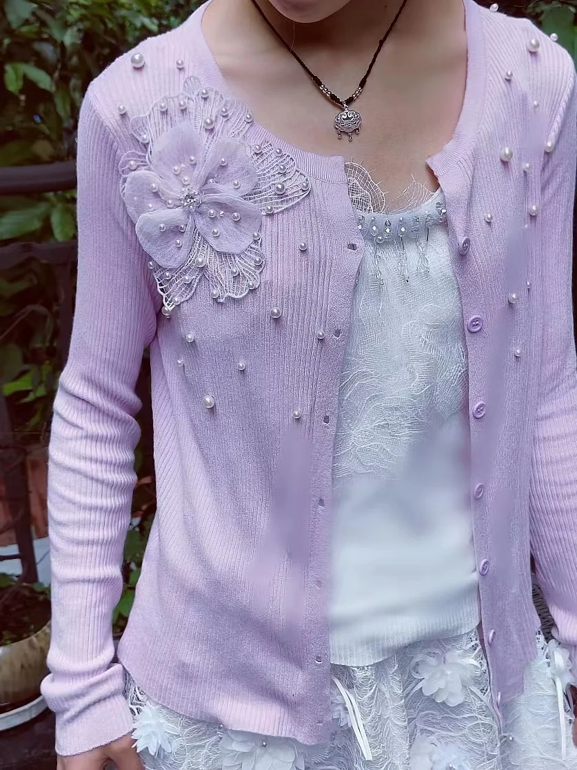 Viola perline fiori ricamo Cardigan lavorato a maglia protezione solare scialle perle perline maglione sottile cappotto scollo a v maglieria top