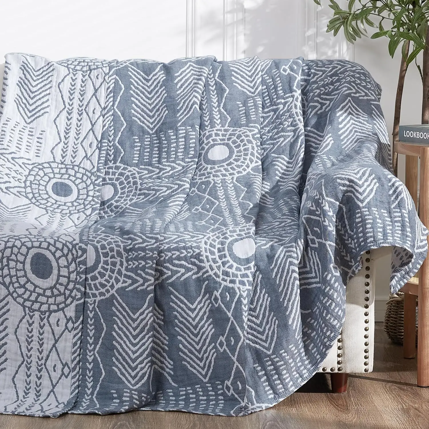 Boho 100% Cotton Muslin Throw Blanket 3-Layer Washable Reversible Sofa Towel Geometric Striped Patterned Soft Cozy Towel Blanket