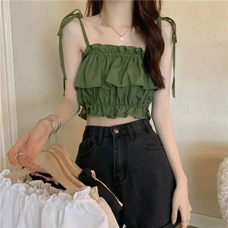 Women Summer Crop Camisoles 2024 Low-Cut Sling Plain Ruffle Ruched Short Tops Ladies Shoulder Straps Tie Slim Navel Vest