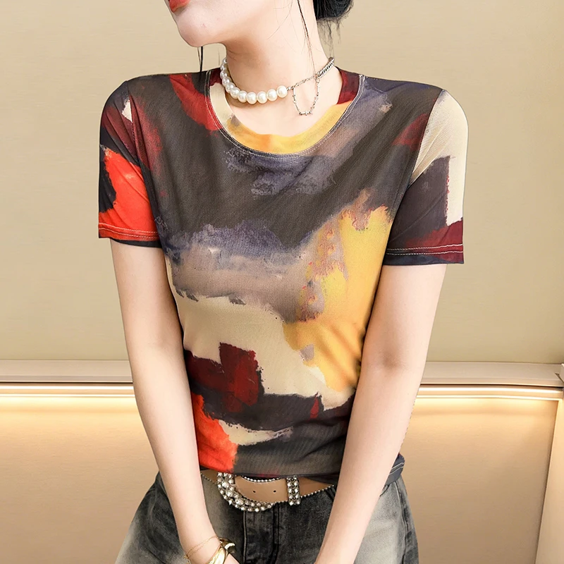 2026 new summer korean clothes mesh t-shirt chic sexy o-neck printed Positioning women tops short Sleeve pullover tees