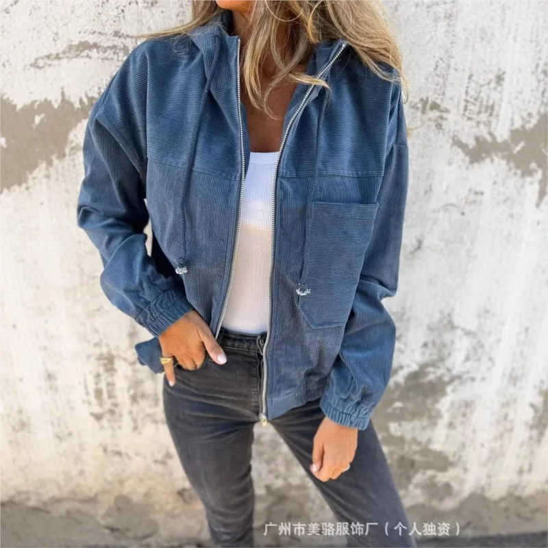 

New Autumn Winter Ribbed Corduroy Cardigan Jacket Coat Women Casual Zipper Hooded Sweatshirt Coat Women Long Sleeve Outerwear