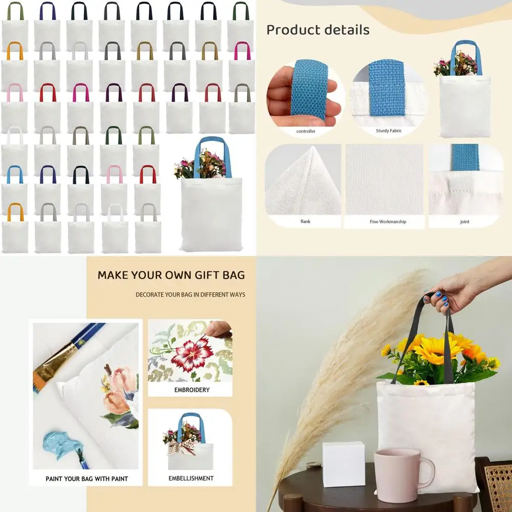 

40 Pack Reusable Polyester Tote Bags, White, 12x14, 20 Assorted Handle Colors, Sublimation Ready, Ideal for Crafting and Shoppin